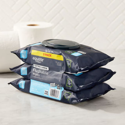 Equate Extra Large Flushable Wet Wipes, Fragrance Free, Gentle Cleansing Bathroom Wipes, 144 Count, 3 Pack