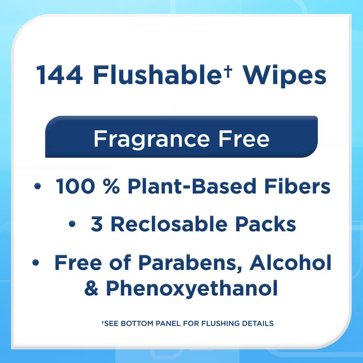Equate Flushable Wet Wipes, Fragrance Free, Gentle Cleansing Bathroom Wipes, 144 Count, 3 Pack