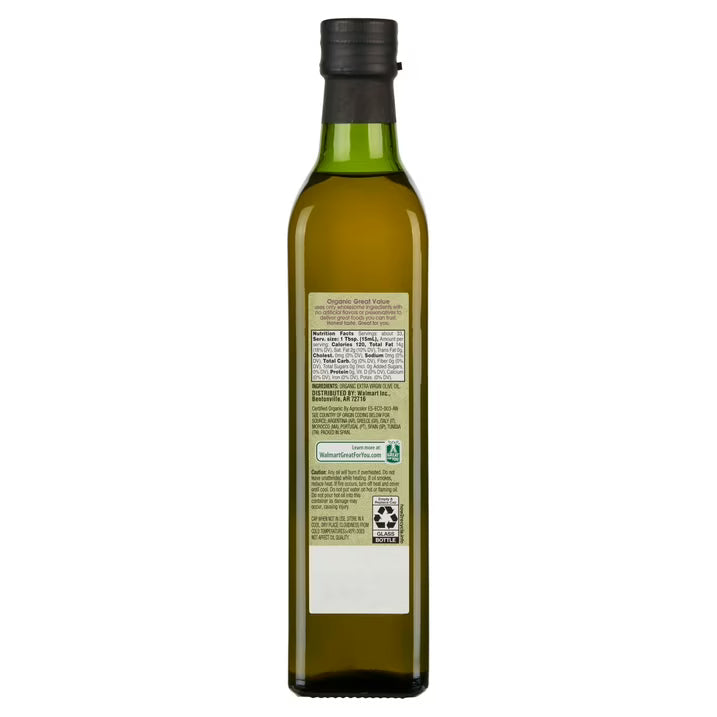 Great Value Organic Extra Virgin Olive Oil, 17 fl oz Bottle, Premium Organic Olive Oil for Cooking, Dressings & More