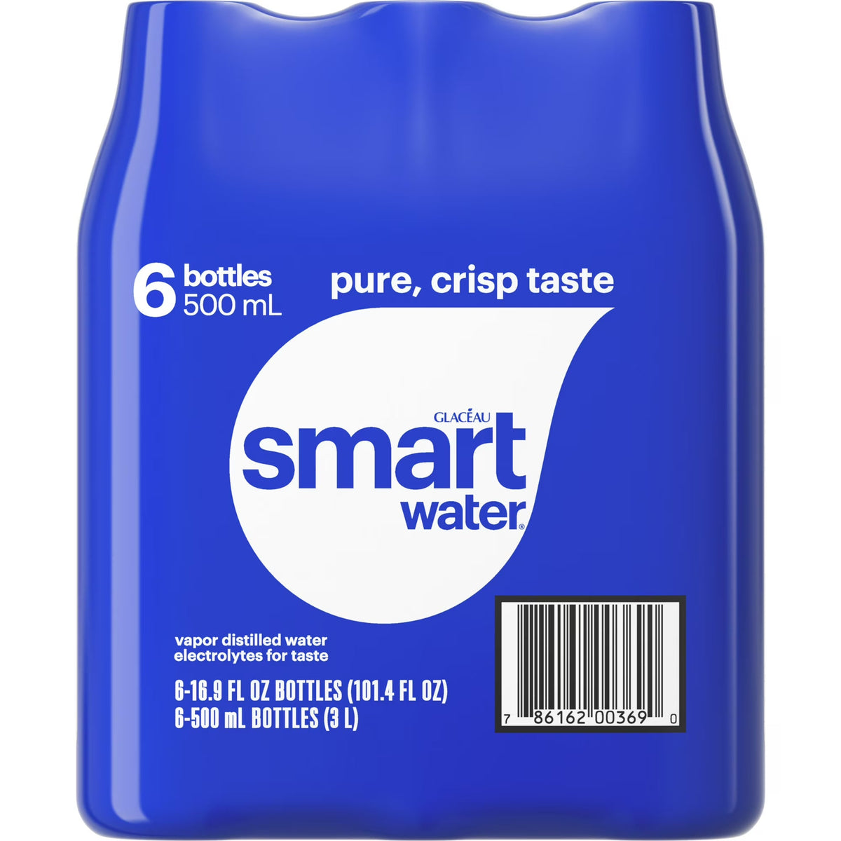 smartwater Vapor Distilled Water, 16.9 fl oz Bottles, 6 Pack, Premium Purified Water with Electrolytes for Taste