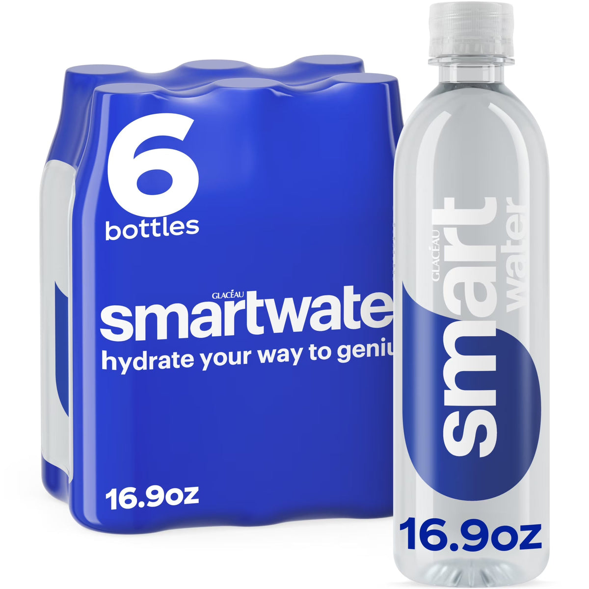 smartwater Vapor Distilled Water, 16.9 fl oz Bottles, 6 Pack, Premium Purified Water with Electrolytes for Taste