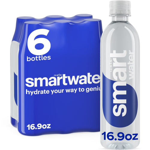 smartwater Vapor Distilled Water, 16.9 fl oz Bottles, 6 Pack, Premium Purified Water with Electrolytes for Taste